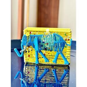 Handmade African Elephant Beaded Business Card Holder Blue Yellow Kenya Traveler